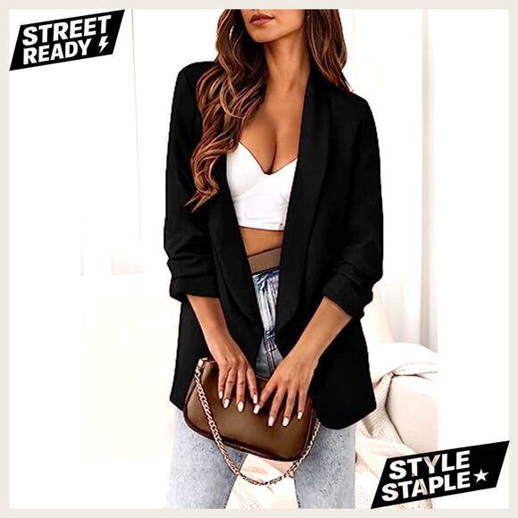 Oversized Blazer Open Front Shawl Collar Business Casual Polyester Jacket - Picture 4 of 7